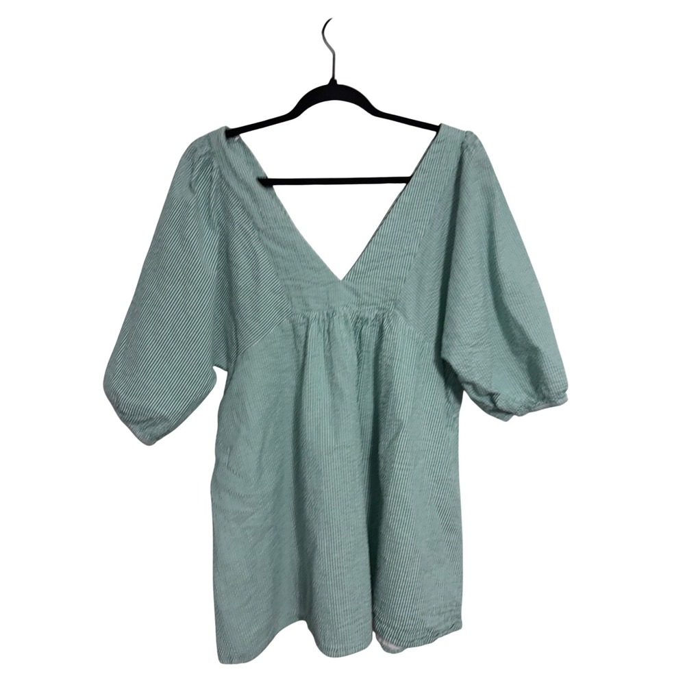 Urban Outfitters Blouse Seersucker Green White Striped Puff Sleeve Medium M Boho